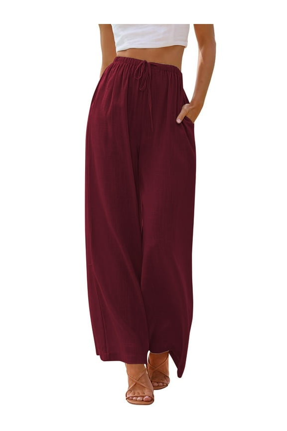 Pants for Women Wide Leg Linen Pant Summer Casual Palazzo Wine Red Flowy Pants with Pocket Drawstring Loose Lightweight Pants L