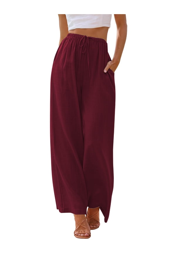 Pants for Women Wide Leg Linen Pant Summer Casual Palazzo Wine Red Flowy Pants with Pocket Drawstring Loose Lightweight Pants XXL
