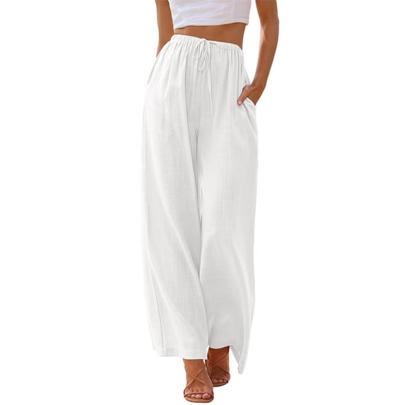 TEMOFON Pants for Women Wide Leg Linen Pant White Summer Casual Palazzo Flowy Pants with Pocket Drawstring Loose Lightweight Pants M
