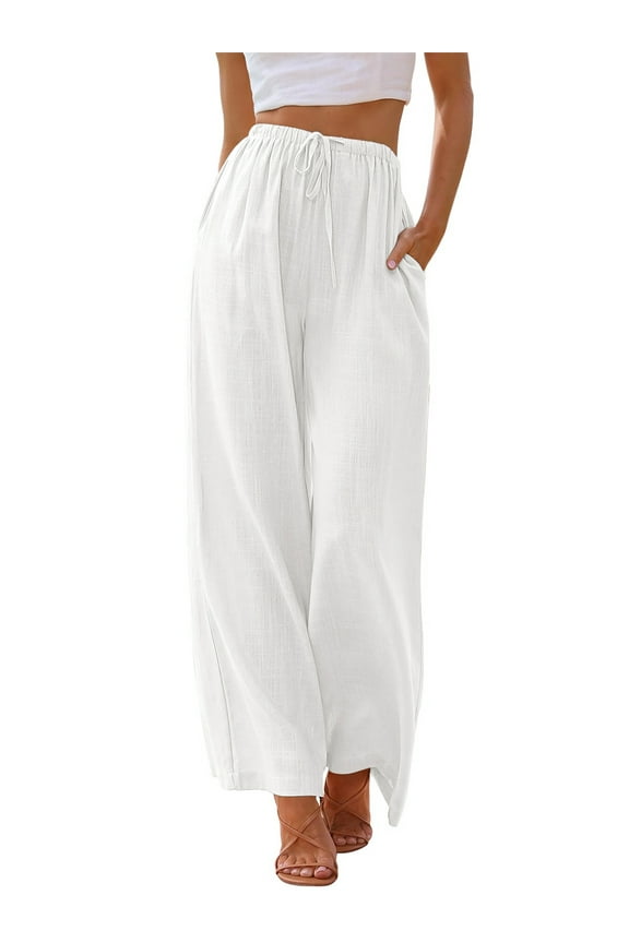 Pants for Women Wide Leg Linen Pant White Summer Casual Palazzo Flowy Pants with Pocket Drawstring Loose Lightweight Pants XL