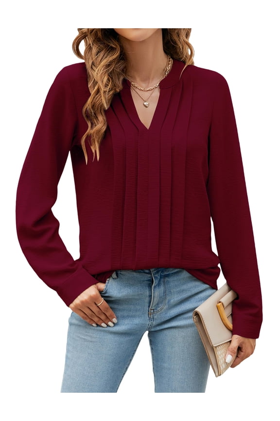 Pleated Blouses for Women Dressy Casual Long Sleeve Shirts Fall Tunic Tops Womens Clothes Lightweight Business Work V Neck Pleated Tops