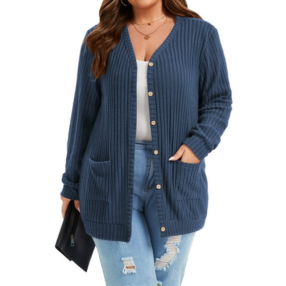 TEMOFON Plus Size Cardigan Sweaters for Women Plus Size Buttons Down with Pocket Long Sleeve Ladies Cardigan Outerwear Fall Coat Winter Clothes Blue 4XL