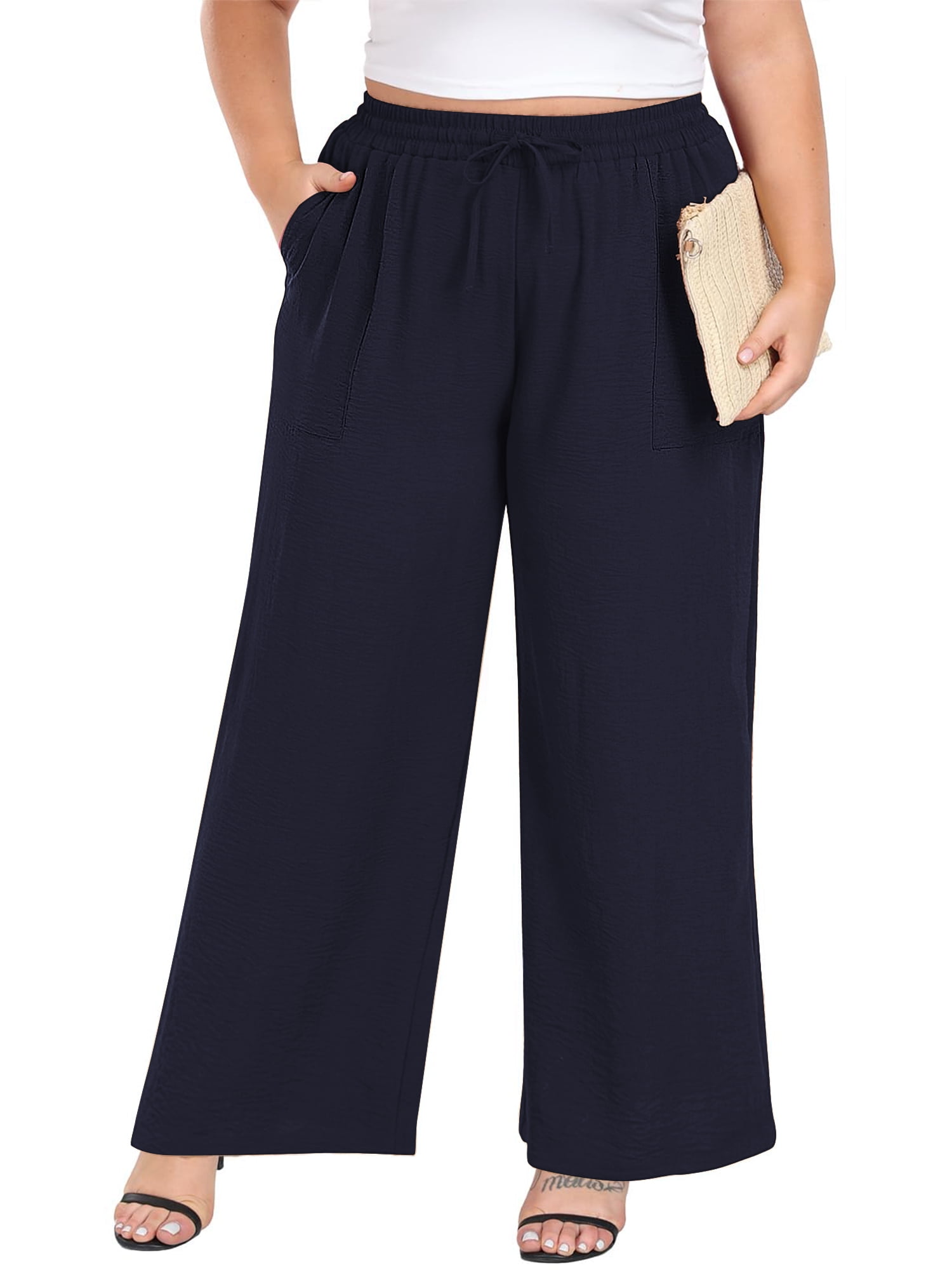 TEMOFON Pants for Women Wide Leg Linen Pant Summer Casual Palazzo Khaki Flowy Pants with Pocket Drawstring Loose Lightweight Pants L