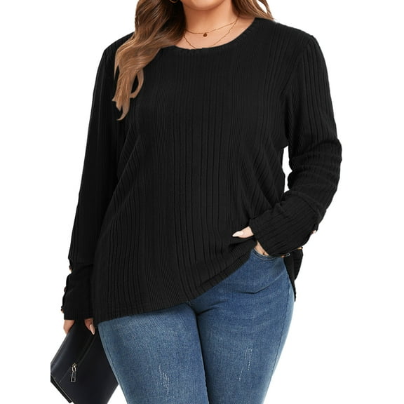 TEMOFON Women Plus Size Tops Crew Neck Lightweight Sweaters Button Long Sleeve Fall Tops Casual Loose Tunic Tops 2XL