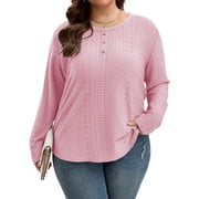 TEMOFON Plus Size Tops for Womens Eyelet Blouses Button Design Crewneck Long Sleeve Fall Casual Shirt