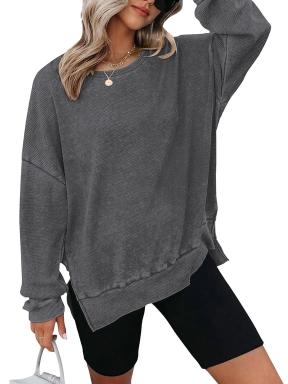 Plus Size Womens Long Sleeve Tops Oversized Sweatshirts Waffle Knit Crew Neck Fashion Side Slits Casual Pullover Gray