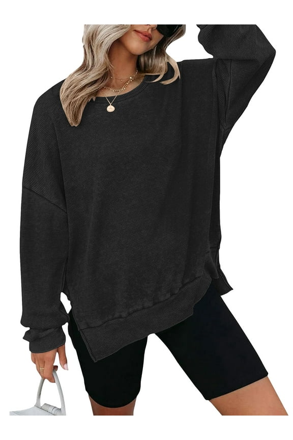 Plus Size Womens Long Sleeve Tops Sweatshirts Waffle Knit Crew Neck Fashion Side Slits Casual Pullover Black