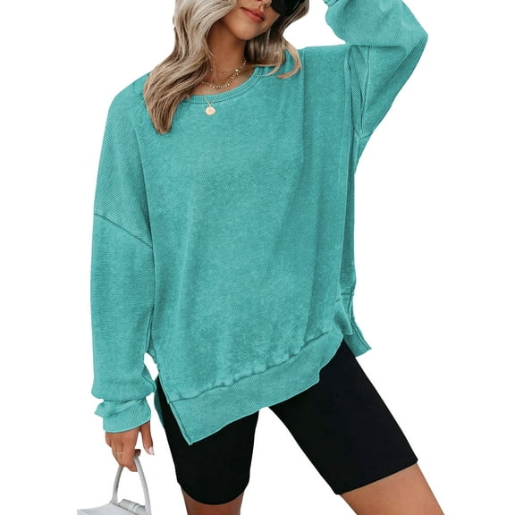 TEMOFON Plus Size Womens Sweatshirts Long Sleeve Tops Oversized Blouse Waffle Knit Crew Neck Fashion Side Slits Casual Pullover Lightblue