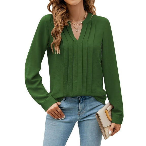 TEMOFON Shirts for Women Trendy Blouses Causal Long Sleeve Tops V Neck Pleated Tunic Tops Womens Clothes Dressy Business Work Lightweight Fall Blouses
