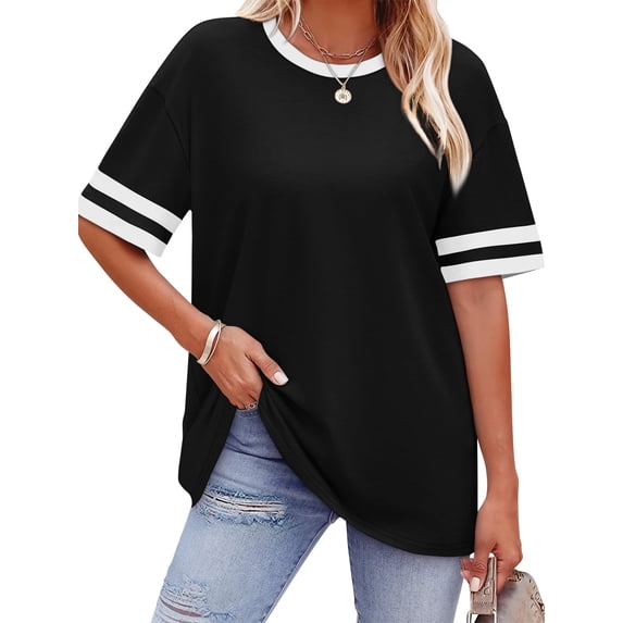 TEMOFON Shirts for Women Summer Crew Neck Color Block Short Sleeve T Shirts Casual Comfort Basic Womens Tees Black L