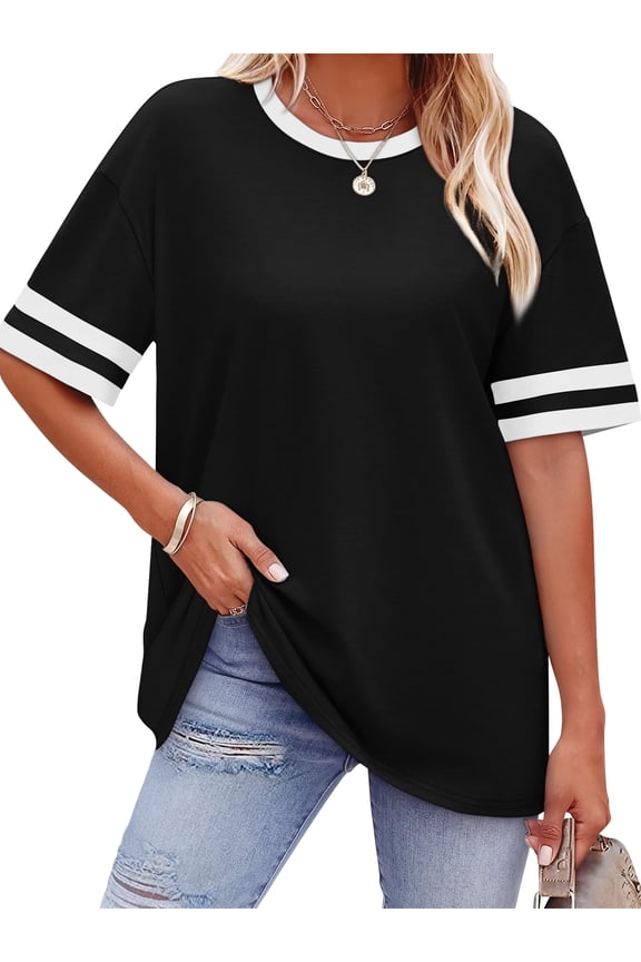 Shirts for Women Summer Crew Neck Color Block Short Sleeve T Shirts Casual Comfort Basic Womens Tees Black L