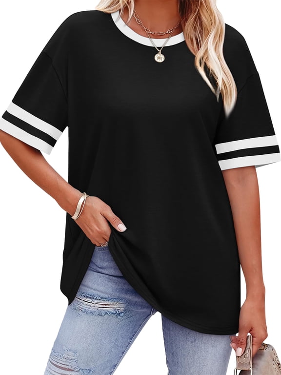 Shirts for Women Summer Crew Neck Color Block Short Sleeve T Shirts Casual Comfort Basic Womens Tees Black M