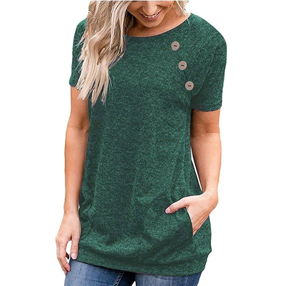 TEMOFON Shirts for Women Summer Short Sleeve Tops Casual Crew Neck Side Button Blouse with Pockets Dark Green Tees