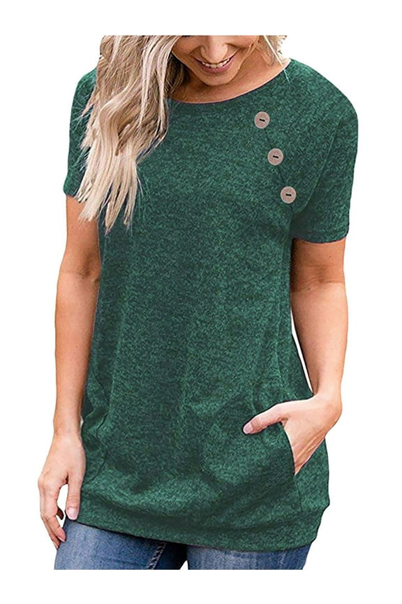 Shirts for Women Summer Short Sleeve Tops Casual Crew Neck Side Button Blouse with Pockets Dark Green Tees
