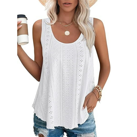 TEMOFON Sleeveless Tops for Women Wummer Loose Shirts Casual Round Neck Fashion White Shirts for Women Size S