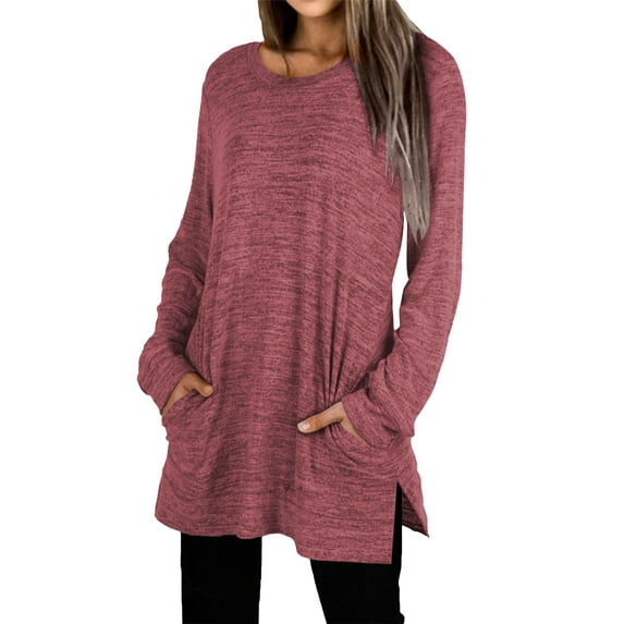 TEMOFON Soft Knit Long Sleeve for Womens Tunic Top with Pockets Casual Loose Fit Sweater Red Color