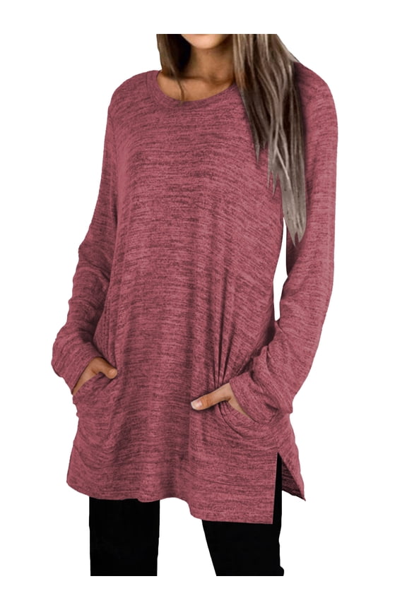 Soft Knit Long Sleeve for Womens Tunic Top with Pockets Casual Loose Fit Sweater Red Color
