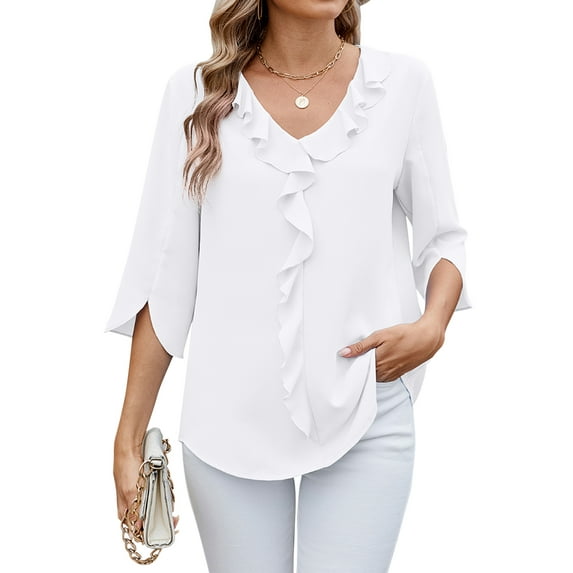 TEMOFON Summer Blouses for Women Dressy Chiffon V Neck Ruffle T Shirts Casual 3/4 Sleeve Solid Color Loose Tunic Tops
