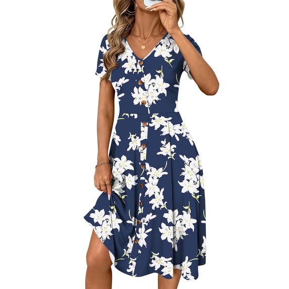 TEMOFON Summer Dresses for Women Button Floral Midi Sundress Short Sleeve V Neck Casual Polka Dot Dress 2XL