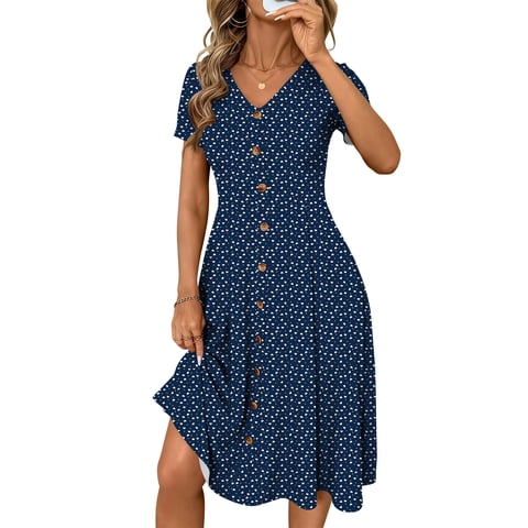 Summer Dresses for Women Button Floral Midi Sundress Short Sleeve V Neck Casual Polka Dot Dress M
