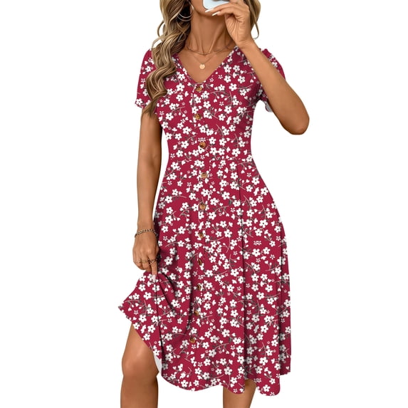 TEMOFON Summer Dresses for Women Button Floral Midi Sundress Spring V Neck Soft Knit Mini Boho Dresses L