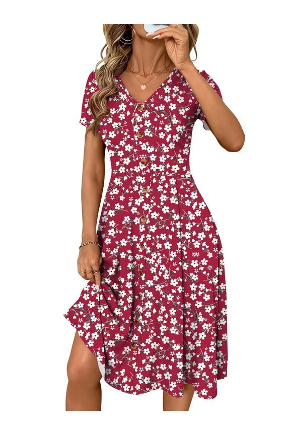Summer Dresses for Women Button Floral Midi Sundress Spring V Neck Soft Knit Mini Boho Dresses L