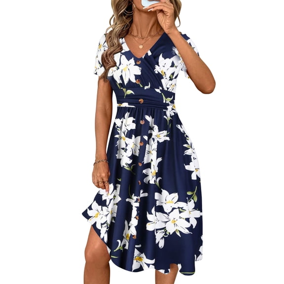 TEMOFON Summer Dresses for Women Button Floral Midi Sundress V Neck Spring Short Sleeve Comfy Mini Dress S