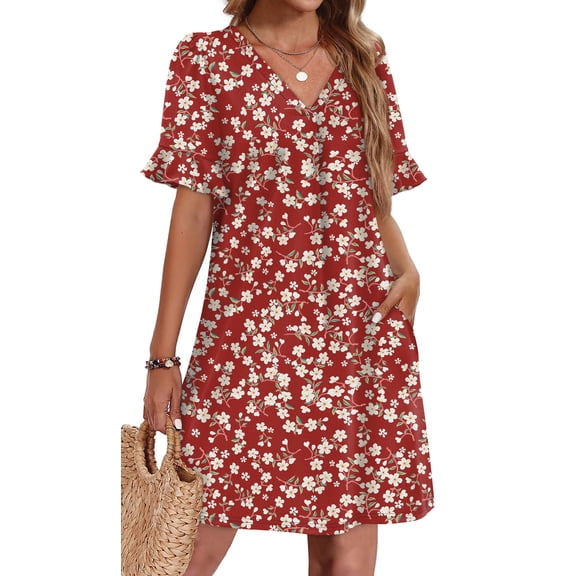 TEMOFON Summer Dresses for Women Casual Short Sleeve T Shirts Dresses V Neck Flowy Floral Dress with Pockets Flare Midi Sundress