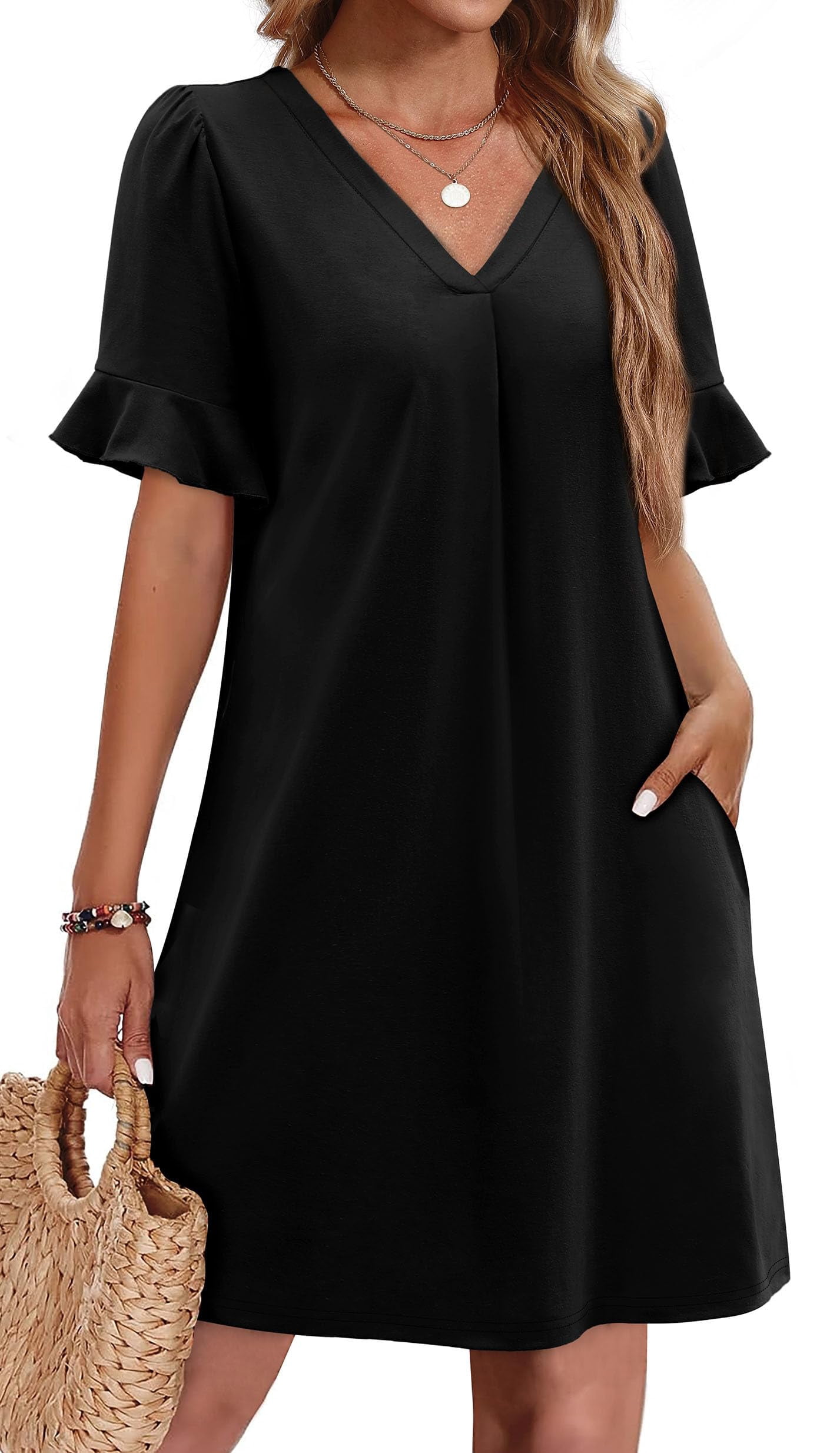 Temofon Summer Dresses for Women Ruffle V Neck Casual Pockets - Walmart.com