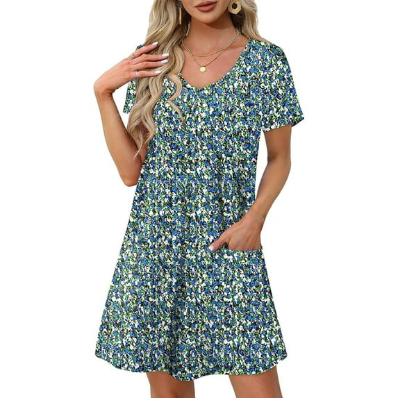 TEMOFON Summer Dresses for Women Sundresses for Women Blueleaf Scoop Neck Tshirt Dress With Pockets Bohemian Floral Dress L