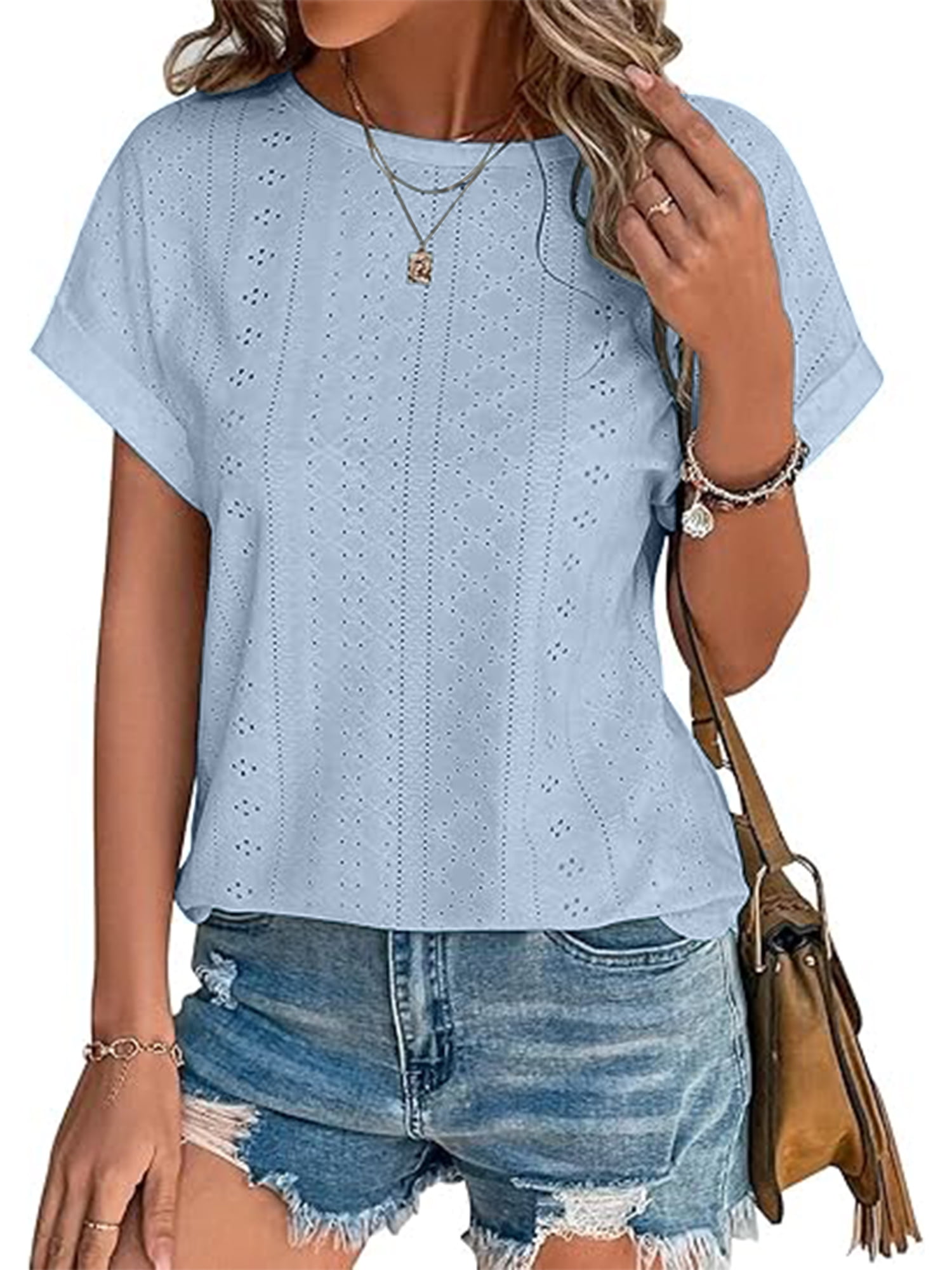 Temofon Summer Eyelet Blouses for Women, Short Sleeve Tunic Tops, Crew ...