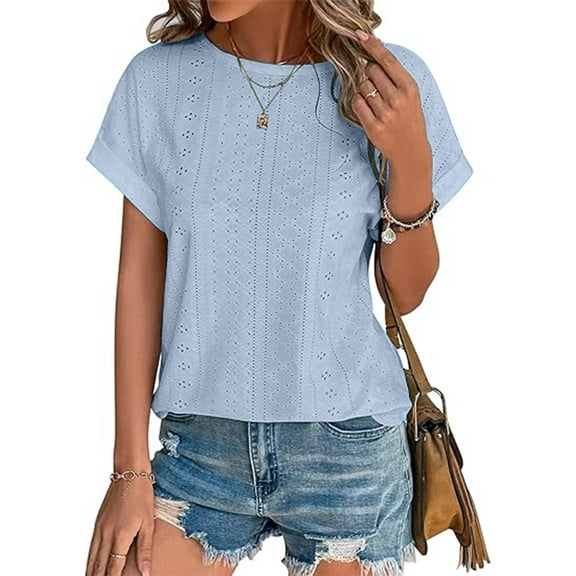 TEMOFON Summer Short Sleeve T Shirts for Women Casual Loose Tunic Tops Comfortable Crew Neck Tops for Womens Clothes Eyelet Embroidery Blouses Shirts