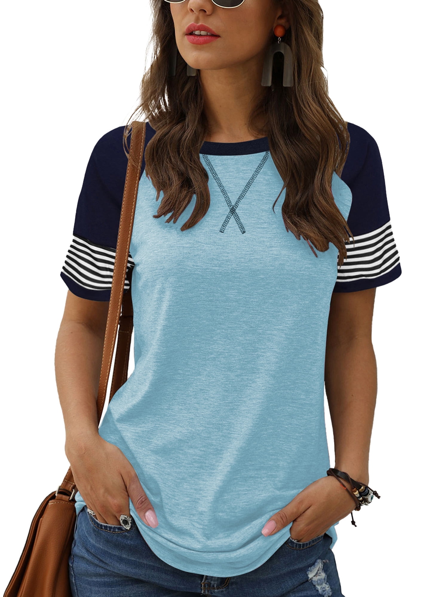 TEMOFON Summer Short Sleeve Tops for Women Color Block Casual Tunic ...