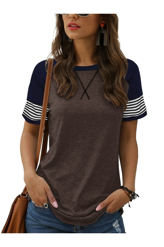 Summer Short Sleeve Tops for Women Color Block Casual Tunic Crew Neck Cute Striped T Shirts Coffee
