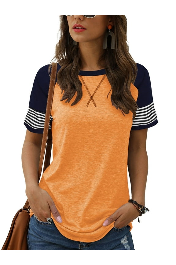 Summer Short Sleeve Tops for Women Color Block Casual Tunic Crew Neck Cute Striped T Shirts Orange