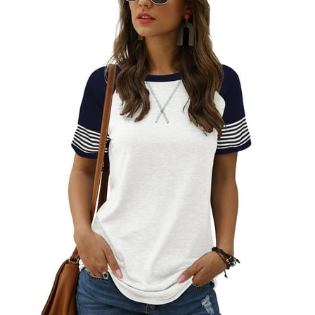 TEMOFON Summer Short Sleeve Tops for Women Color Block Casual Tunic Crew Neck Cute Striped T Shirts White Tees