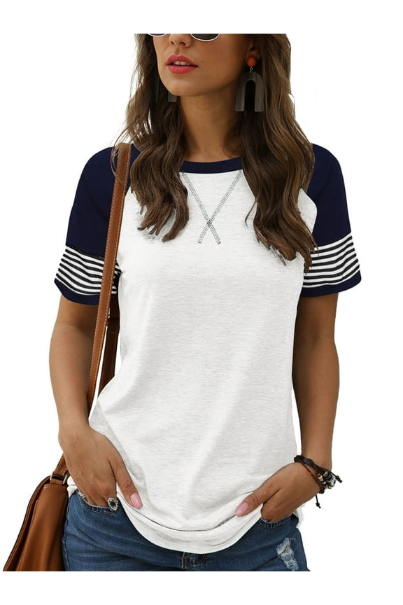 Summer Short Sleeve Tops for Women Color Block Casual Tunic Crew Neck Cute Striped T Shirts White Tees