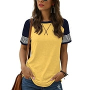 TEMOFON Summer Short Sleeve Tops for Women Color Block Casual Tunic Crew Neck Striped T Shirts Yellow Women Tops Size L