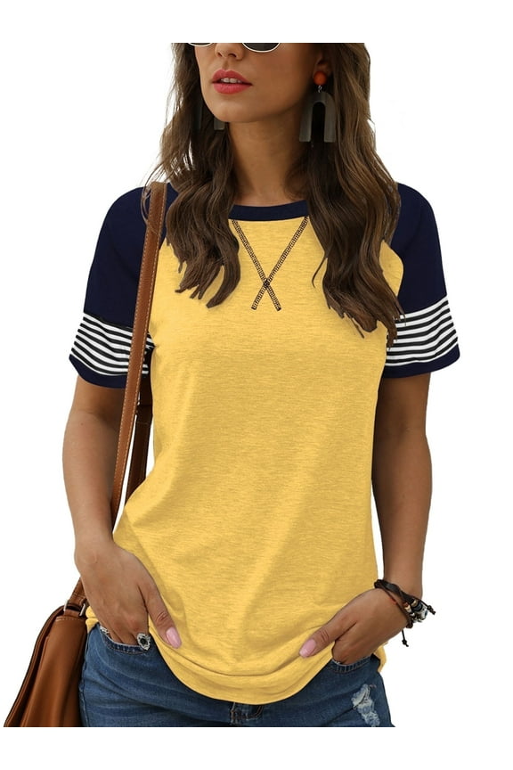 Summer Short Sleeve Tops for Women Color Block Casual Tunic Crew Neck Striped T Shirts Yellow Women Tops Size L