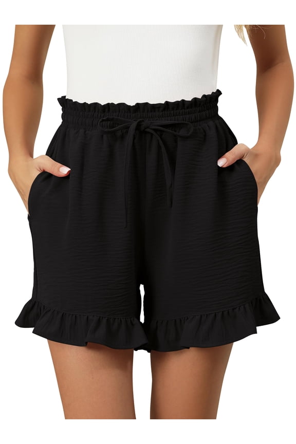 Summer Shorts for Women Elastic Waist Casual Shorts with Pocket Comfy Solid Color Black Pleated L