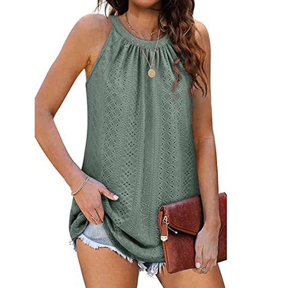 TEMOFON Women Tank Tops Summer Sleeveless Halter Tops Fashion Pleated Eyelet Crew Neck Casual Flowy Cami Tanks Solid Color Green Size XL