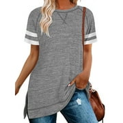 TEMOFON Summer Tops for Women Casual Color block Sleeve T Shirts Side Split Pullover Tops Light Gray Tees