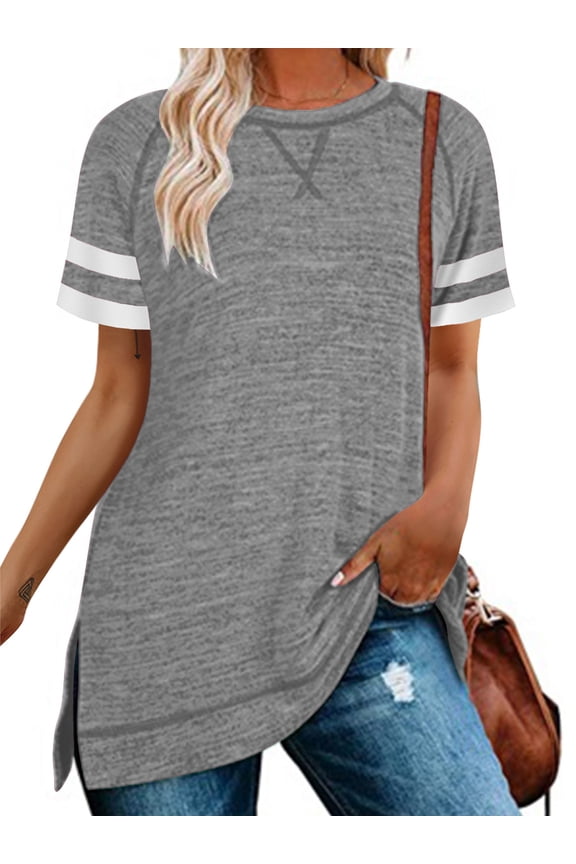 Summer Tops for Women Casual Color block Sleeve T Shirts Side Split Pullover Tops Light Gray Tees