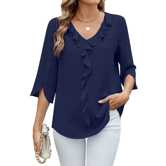 TEMOFON Summer Tops for Women Casual Ruffle V Neck 3/4 Sleeve Blouses Comfy Chiffon Loose Fit Blouses Solid Color Tee Shirts