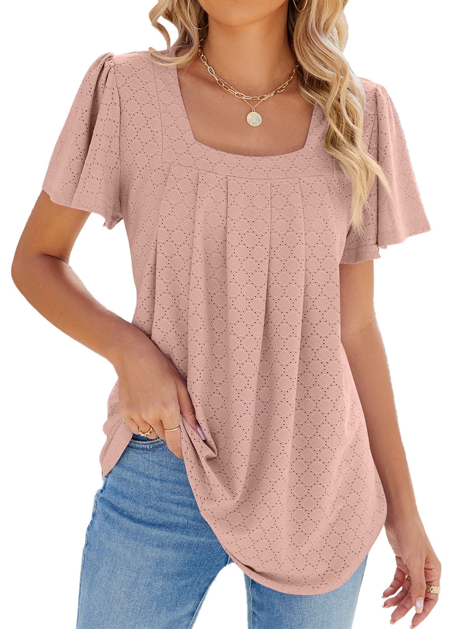 TEMOFON Summer Tops for Women Fashion Square Neck Ruffle Sleeve Blouse ...