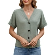 TEMOFON Summer Tops for Women Plus Size Knit V Neck Blouses Casual Short Sleeve Cardigans Button Down T Shirts Comfy Loose Fit Shirts Size 2XL