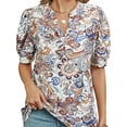 thumbnail image 1 of TEMOFON Summer Tops for Women Shirts Puff Sleeve Tunic Retro V Neck Blouse Casual Fashion Paisley White Flower Print Loose Fit Plus Size XXL, 1 of 5