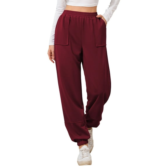 TEMOFON Sweatpants Casual Joggers Comfort Fall Sweatpants for Women Loose Fit Elastic Cuffs Winered Jogger Pant XXL