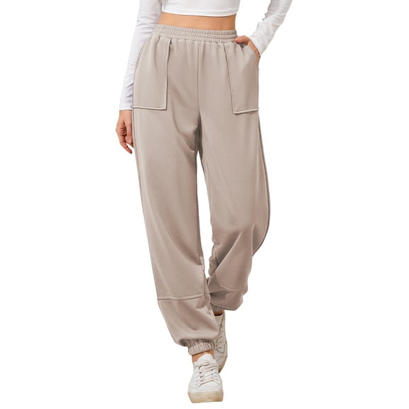 TEMOFON Sweatpants Casual Joggers Loose Fit Comfy Womens Sweatpants Knit Elastic Cuffs Khaki Pant with Pockets XL