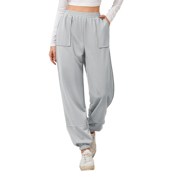 TEMOFON Sweatpants Casual Joggers Straight Leg Loose Womens Pants High Waisted Gray Pant with Elastic Waistband M